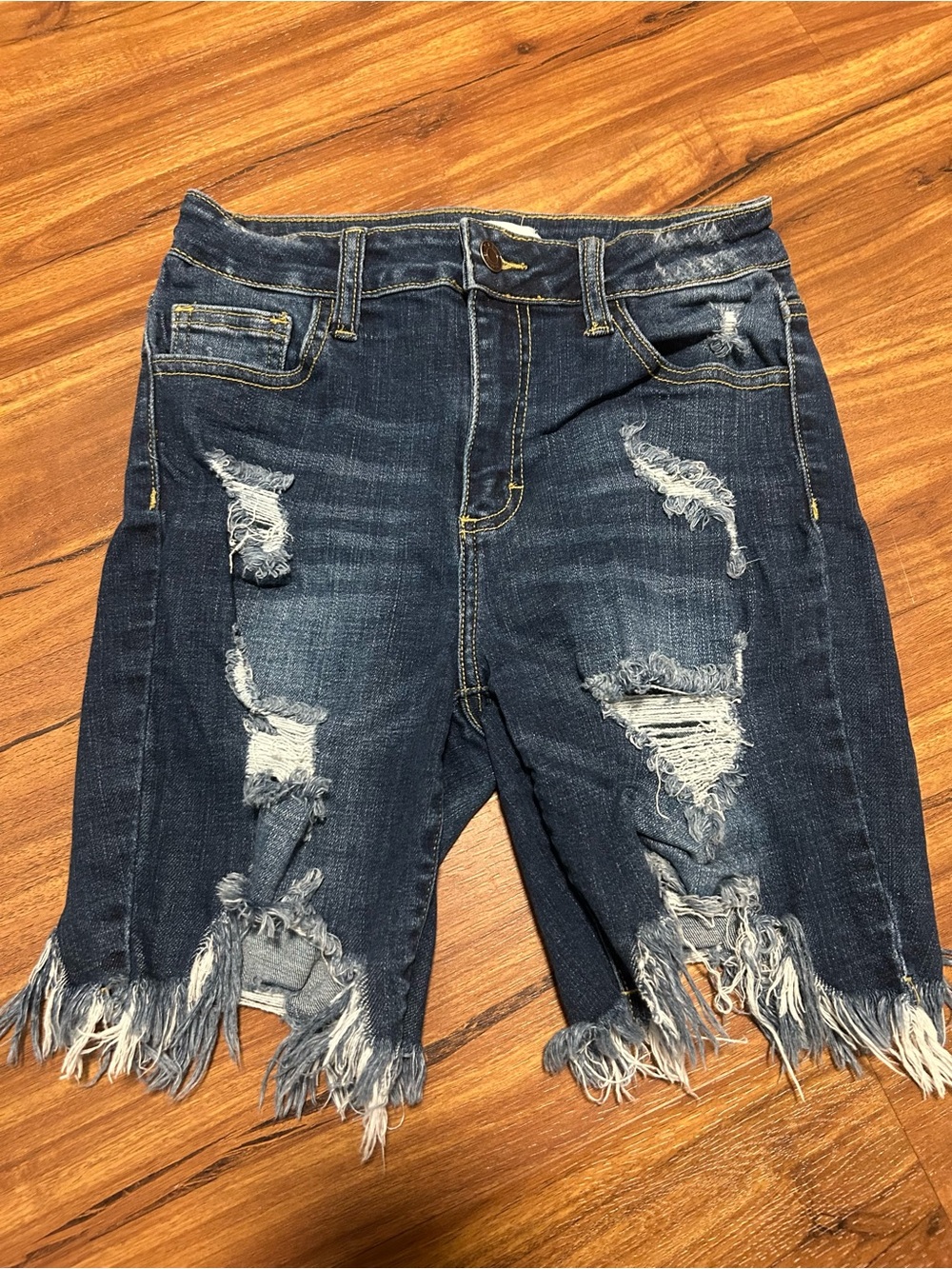 Cello Distressed Dark Blue Raw Hem Jean Shorts Size S